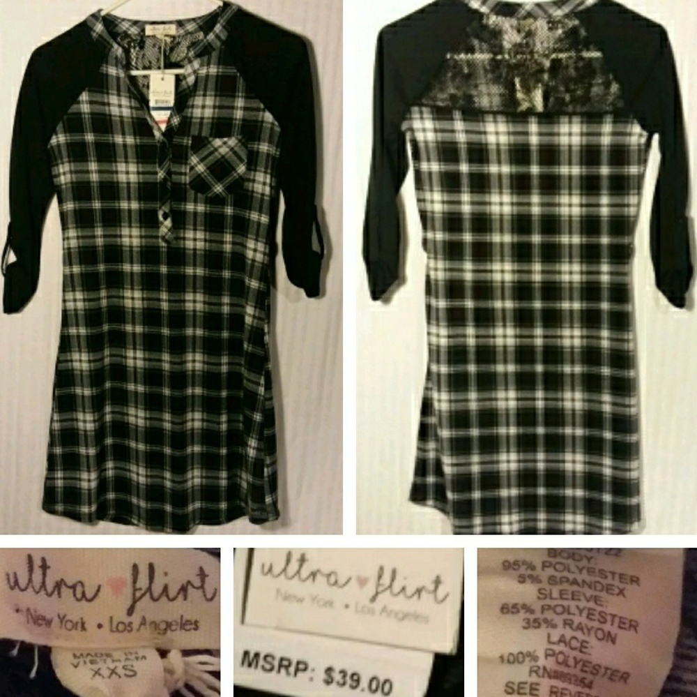 $39 Ultra Flirt XXS Plaid Tab Sleeve Tunic Henley